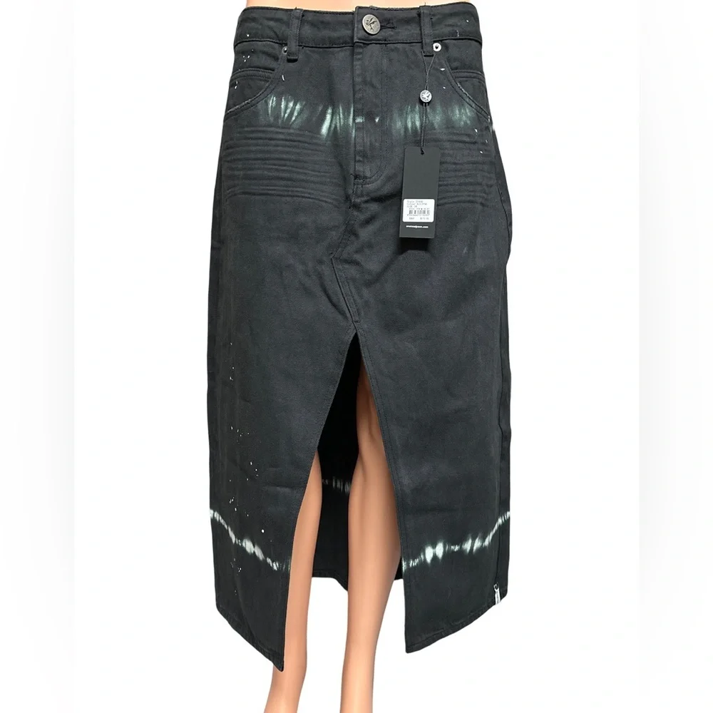 Rocko Mid Waist Long Length Denim Skirt - Black Magic